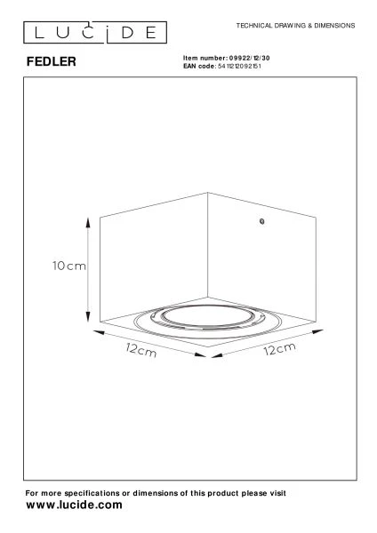 Lucide FEDLER - Spot plafond - LED Dim to warm - GU10 (ES111) - 1x12W 2200K/3000K - Noir - TECHNISCH